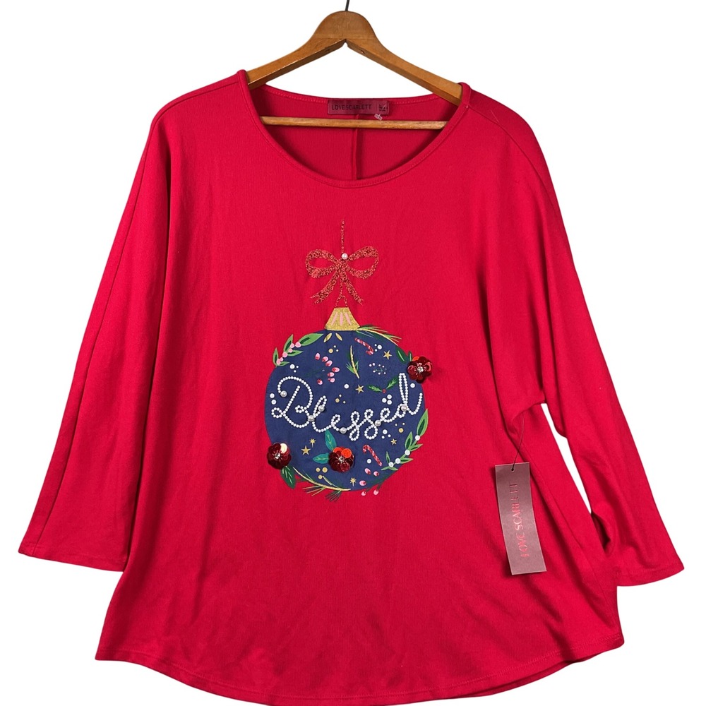 NEW 89th & Madison Tunic Top Womens 1X Red 3/4 Sleeve Scoop Neck Knit Stretch